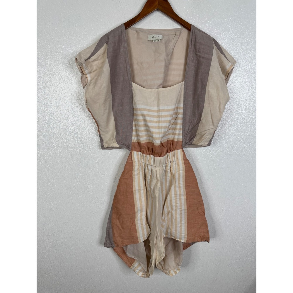 Elevenses Anthropologie Striped Linen Blend Romper Open Back Earth Tones Size M